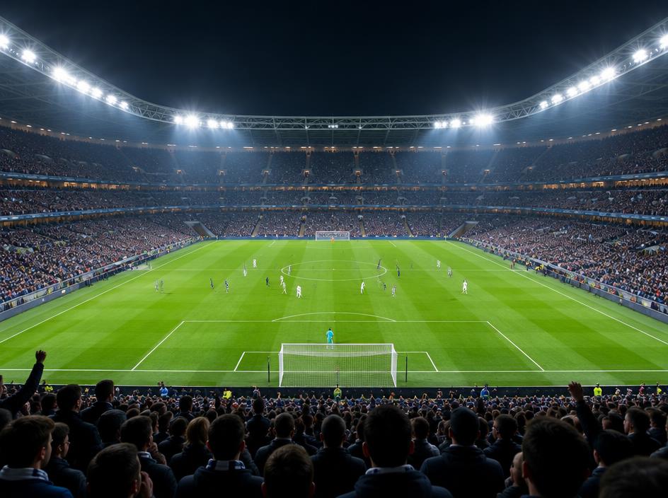 Campo de futebol e arquibancadas em um estádio iluminado