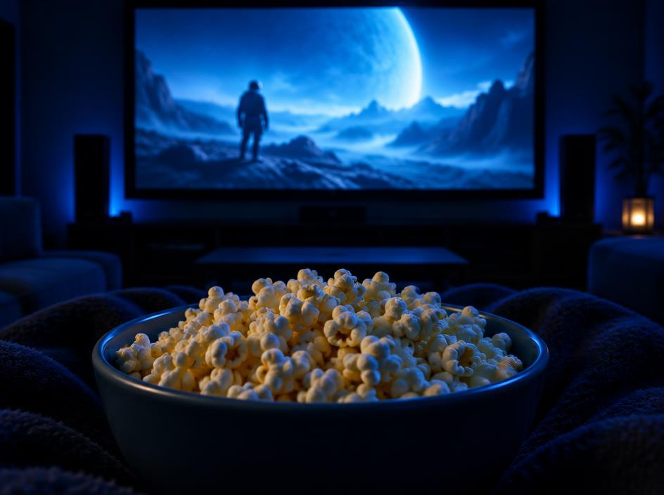 Pipoca em uma sala com uma grande tela de cinema