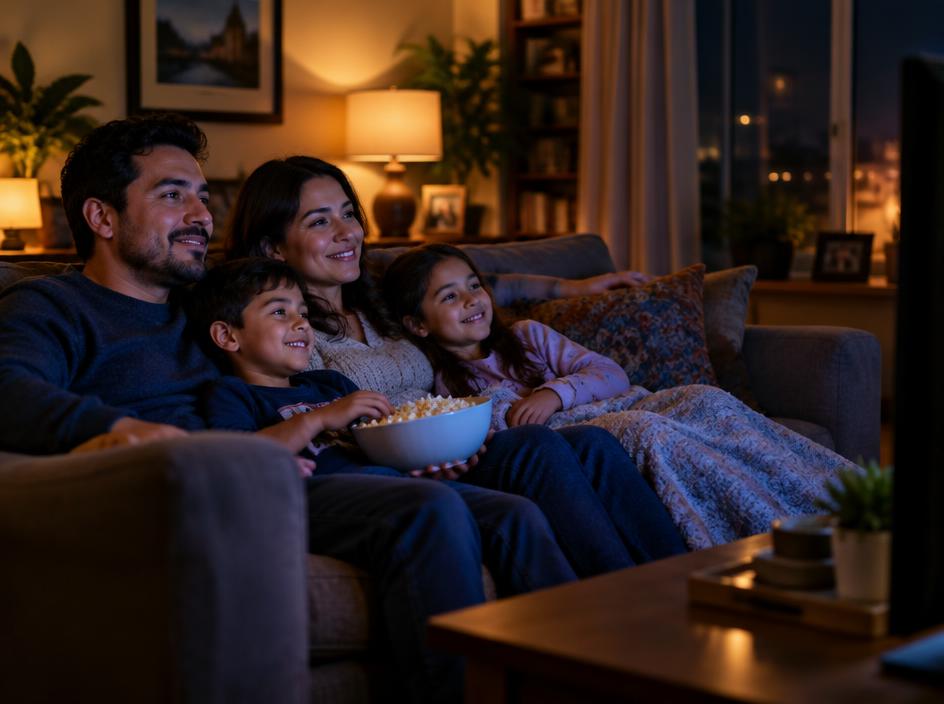 Família assistindo TV no sofá